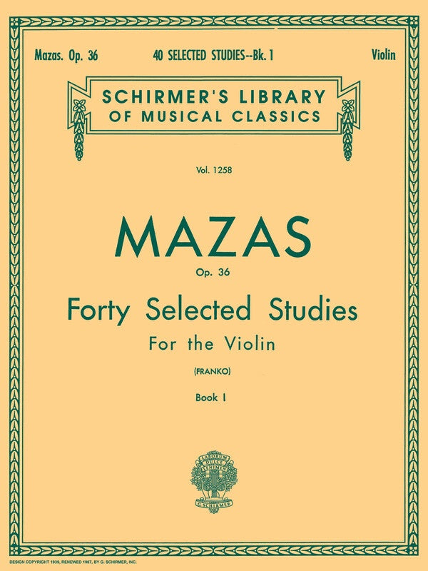 Mazas - 40 Selected Studies Op. 36 Book 1 Violin (Schirmer)